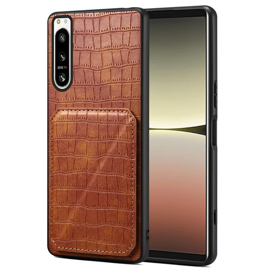 Pour Sony Xperia 5 IV Étui de téléphone arrière en cuir imitation crocodile Denior avec support (marron)