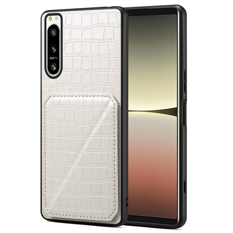 Pour Sony Xperia 5 IV Étui de téléphone arrière en cuir imitation crocodile Denior avec support (blanc)