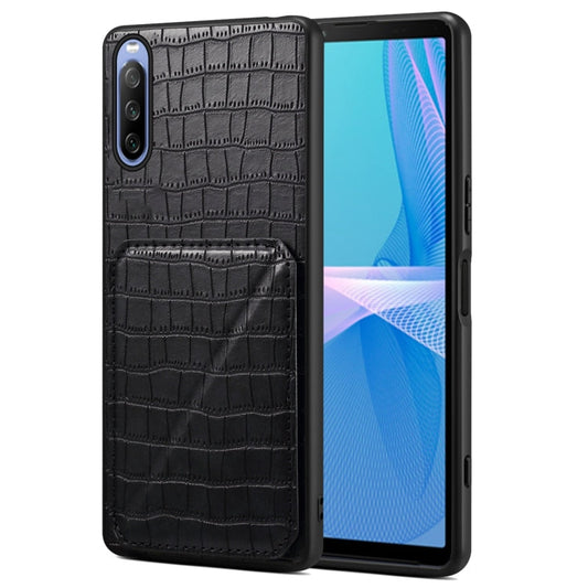 Pour Sony Xperia 10 IV Étui de téléphone arrière en cuir imitation crocodile Denior avec support (Noir)