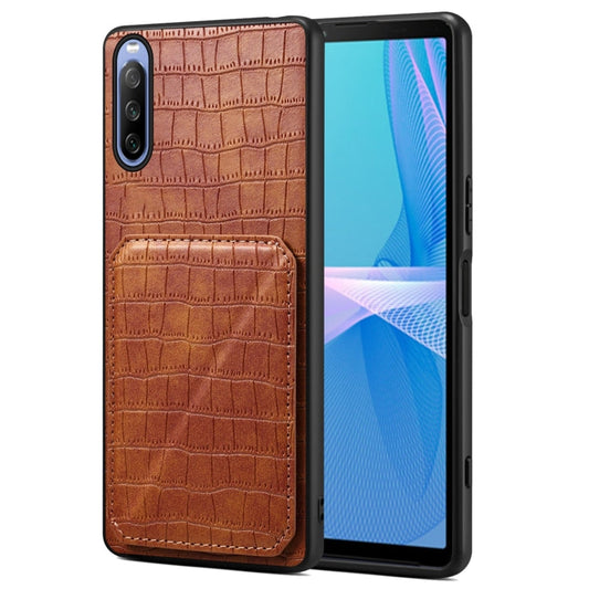 Pour coque arrière de téléphone en cuir imitation crocodile Denior pour Sony Xperia 10 IV avec support (marron)