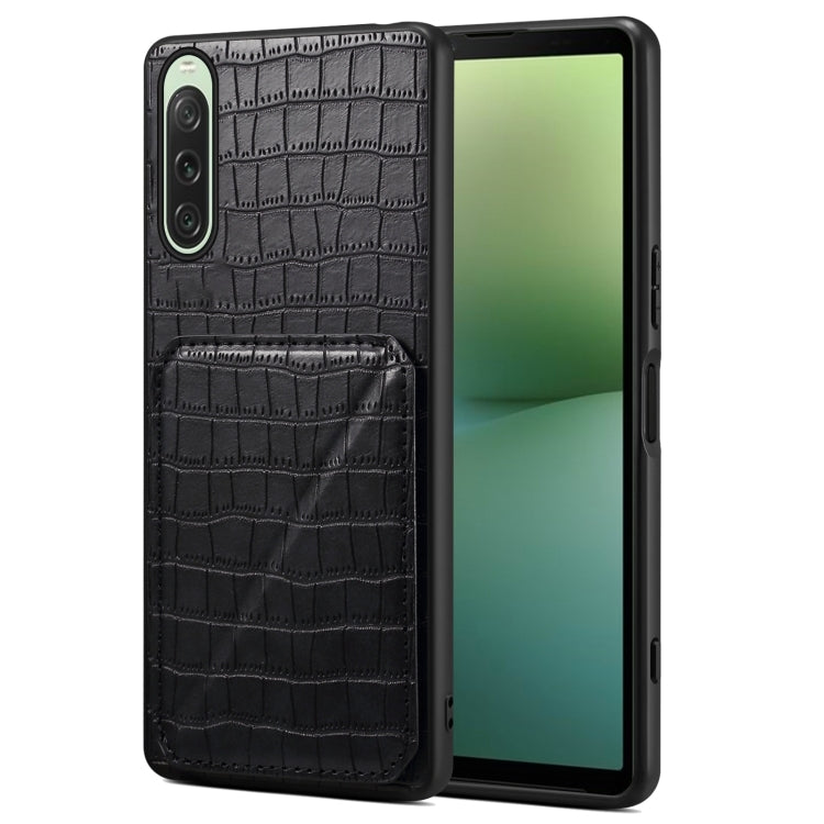 For Sony Xperia 10 V Denior Imitation Crocodile Leather Back Phone Case with Holder(Black)
