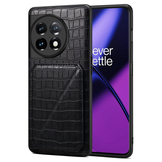 Pour OnePlus 11 5G Étui de téléphone arrière en cuir imitation crocodile Denior avec support (noir)