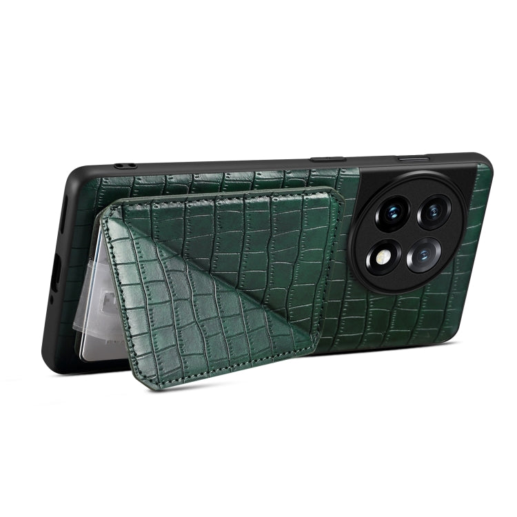 For OnePlus 11 5G Denior Imitation Crocodile Leather Back Phone Case with Holder(Green)