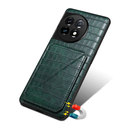 For OnePlus 11 5G Denior Imitation Crocodile Leather Back Phone Case with Holder(Green)