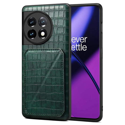 Pour OnePlus 11 5G Étui de téléphone arrière en cuir imitation crocodile Denior avec support (vert)