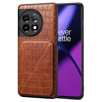 For OnePlus 11 5G Denior Imitation Crocodile Leather Back Phone Case with Holder(Brown)