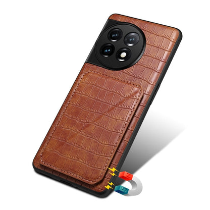 For OnePlus 11 5G Denior Imitation Crocodile Leather Back Phone Case with Holder(Brown)