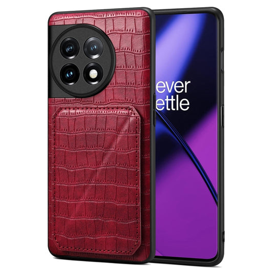Pour coque de téléphone arrière en cuir imitation crocodile Denior pour OnePlus 11 5G avec support (rose rouge)
