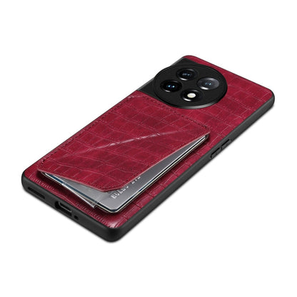 For OnePlus 11 5G Denior Imitation Crocodile Leather Back Phone Case with Holder(Rose Red)