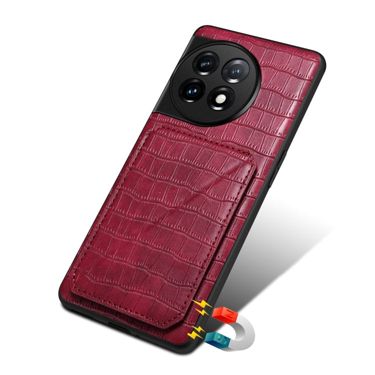 For OnePlus 11 5G Denior Imitation Crocodile Leather Back Phone Case with Holder(Rose Red)
