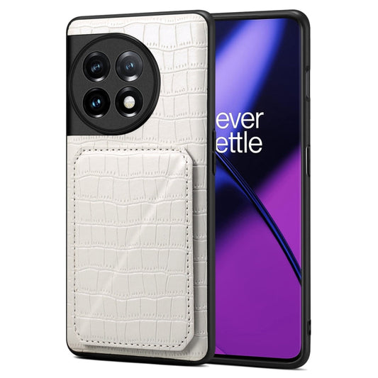 Pour OnePlus 11 5G Denior Étui de téléphone arrière en cuir imitation crocodile avec support (blanc)