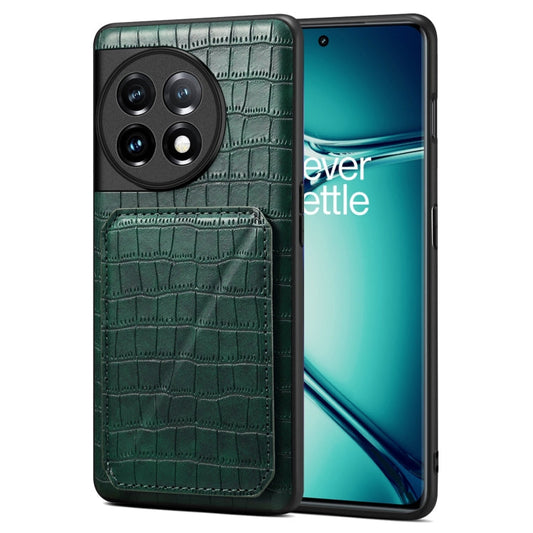 Pour OnePlus Ace 2 Pro 5G Coque de téléphone arrière en cuir imitation crocodile Denior avec support (vert)