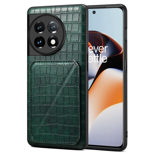 Pour OnePlus Ace 2 / 11R 5G Coque de téléphone arrière en cuir imitation crocodile Denior avec support (vert)