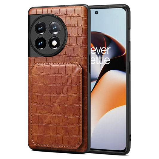 Pour OnePlus Ace 2 / 11R 5G Coque de téléphone arrière en cuir imitation crocodile Denior avec support (marron)