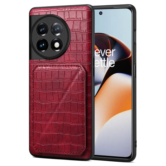 Pour OnePlus Ace 2 / 11R 5G Coque de téléphone arrière en cuir imitation crocodile Denior avec support (Rose Rouge)
