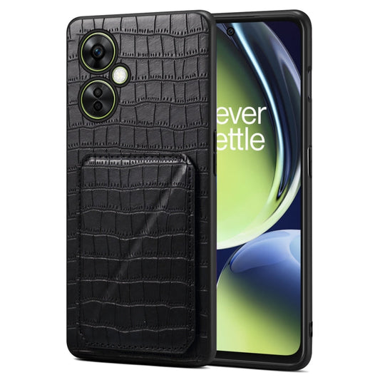 Pour OPPO K11x 5G / OnePlus Nord CE3 Lite Coque arrière de téléphone en cuir imitation crocodile Denior avec support (noir)