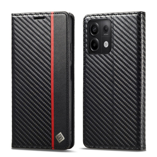Pour Xiaomi Redmi Note 13 4G LC.IMEEKE Étui de téléphone en cuir à rabat texture fibre de carbone (noir vertical)