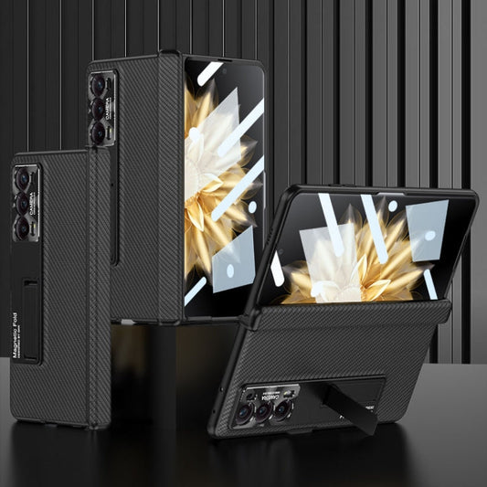 Pour Honor Magic V2 GKK Étui de téléphone en cuir à charnière magnétique intégrée avec support (fibre de carbone)