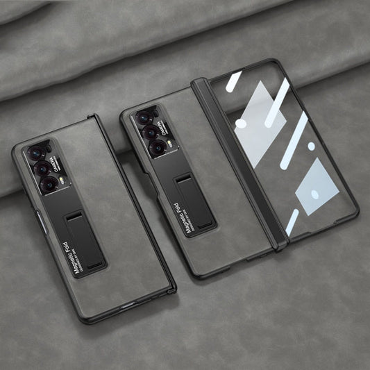 Pour Honor Magic V2 GKK Coque de téléphone en cuir givré intégrée avec charnière pliable et support (Gris)