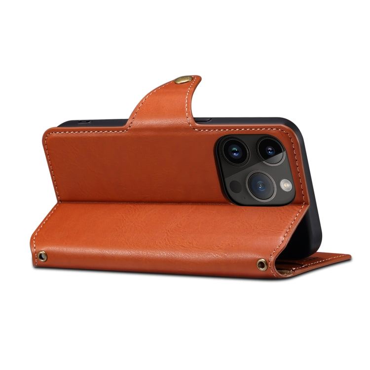 Pour iPhone 15 Pro Étui portefeuille en cuir texturé en peau de vache Denior (marron)