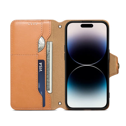 For iPhone 15 Plus Denior Cowhide Texture Wallet Style Leather Phone Case(Khaki)