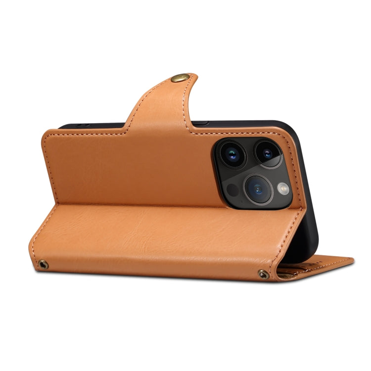 For iPhone 15 Plus Denior Cowhide Texture Wallet Style Leather Phone Case(Khaki)