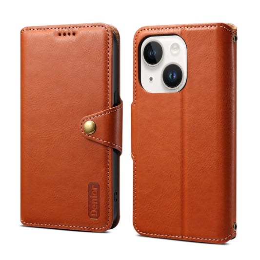 Pour iPhone 14 Plus Étui de téléphone en cuir de style portefeuille à texture de peau de vache Denior (marron)