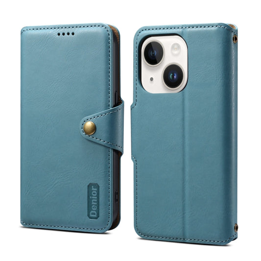Pour iPhone 14 Étui de téléphone en cuir de style portefeuille en cuir de vachette de texture Denior (bleu)