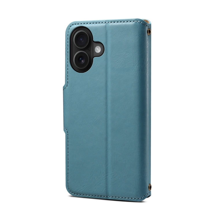 Pour iPhone 16 Étui portefeuille en cuir texturé en peau de vache Denior (bleu)
