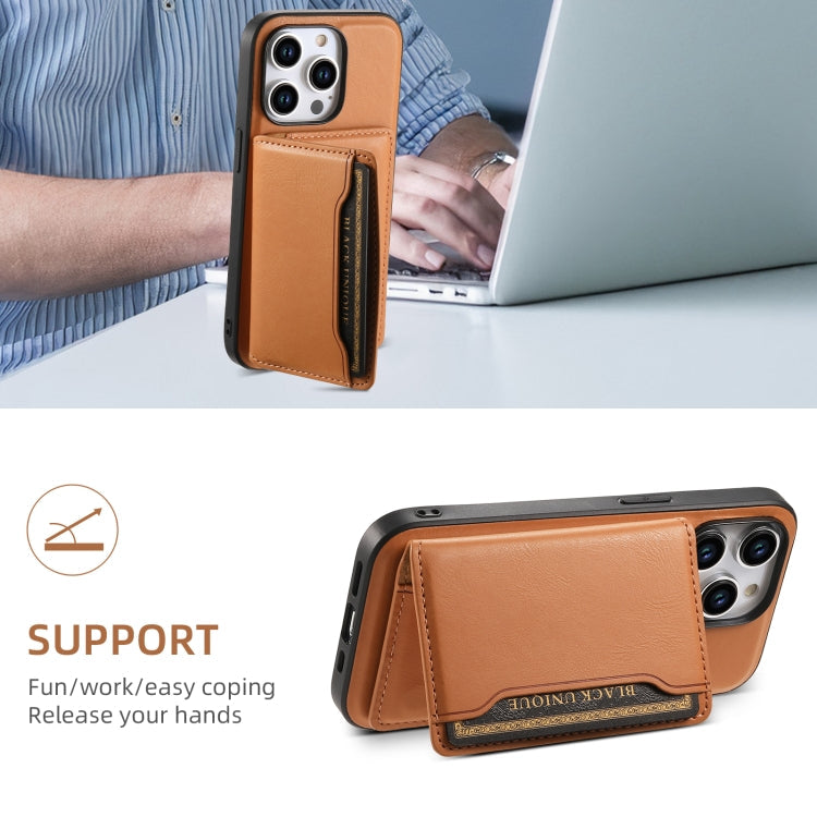 For iPhone 15 Denior Cowhide Texture Leather MagSafe Detachable Wallet Phone Case(Khaki)