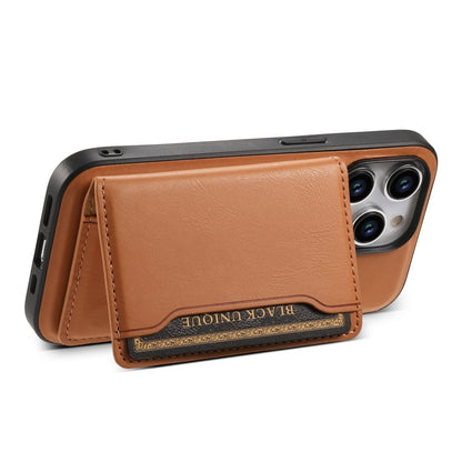 For iPhone 14 Plus Denior Cowhide Texture Leather MagSafe Detachable Wallet Phone Case(Khaki)