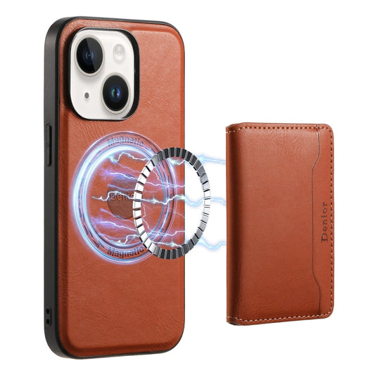 Pour iPhone 14 Étui portefeuille amovible en cuir texture peau de vache Denior MagSafe (marron)