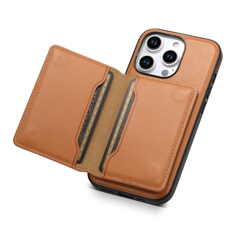 For iPhone 14 Pro Max Denior Cowhide Texture Leather MagSafe Detachable Wallet Phone Case(Khaki)