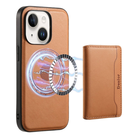 Pour iPhone 13 - Étui portefeuille détachable en cuir texturé de vachette Denior MagSafe (Kaki)