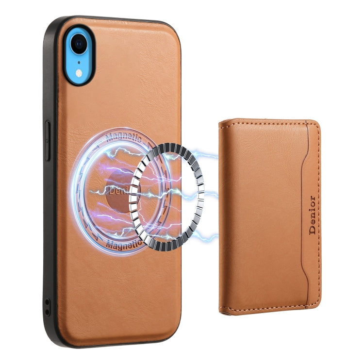Pour iPhone XR, étui portefeuille détachable en cuir texturé de vachette Denior avec MagSafe (Kaki)
