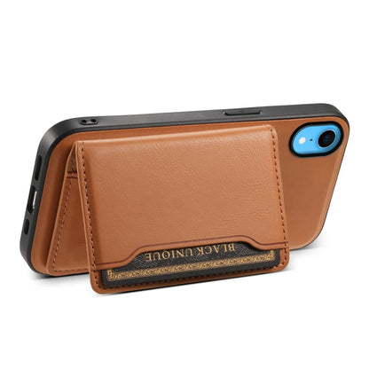 Pour iPhone XR, étui portefeuille détachable en cuir texturé de vachette Denior avec MagSafe (Kaki)