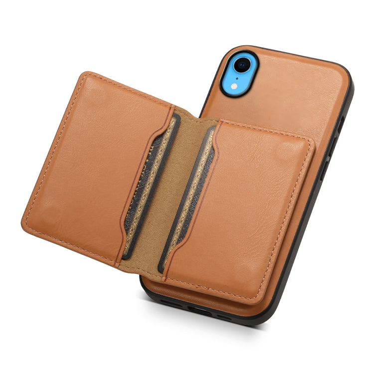 Pour iPhone XR, étui portefeuille détachable en cuir texturé de vachette Denior avec MagSafe (Kaki)