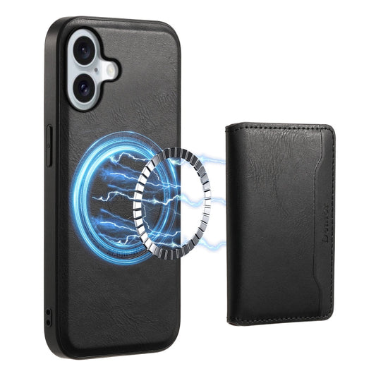 Pour iPhone 16 Étui Téléphone en Cuir Grain de Vachette avec Portefeuille Magnétique Détachable (Noir)