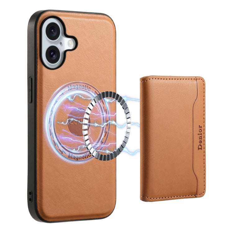For iPhone 16 Plus Denior Cowhide Texture Leather MagSafe Detachable Wallet Phone Case(Khaki)