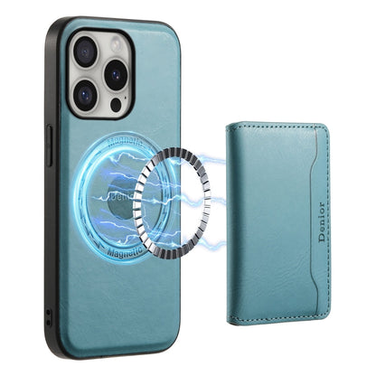 For iPhone 16 Pro Denior Cowhide Texture Leather MagSafe Detachable Wallet Phone Case(Blue)