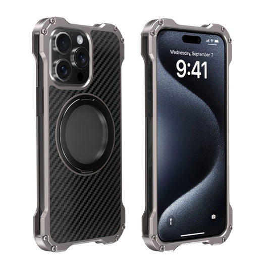 For iPhone 15 Pro R-JUST RJ51-1 Hollow Rotating Holder MagSafe Magnetic Metal Phone Case(Silver Grey)