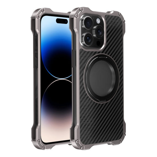 Pour iPhone 14 Pro Max R-JUST RJ51-1 Coque de téléphone magnétique en métal MagSafe avec support rotatif creux (Gris argenté)