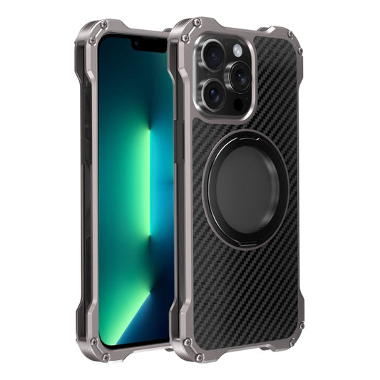 Pour iPhone 13 Pro Max R-JUST RJ51-1 Coque de Téléphone Magnétique en Métal MagSafe avec Support Rotatif Creux (Gris Argent)