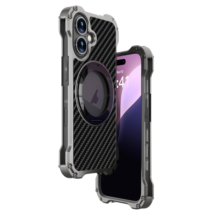 Pour iPhone 16 Plus R-JUST RJ51-1 Coque de Téléphone en Métal Magnétique MagSafe avec Support Rotatif Creux (Gris Argenté)