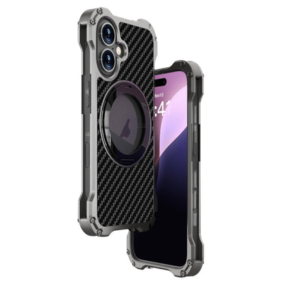 Pour iPhone 16 Plus R-JUST RJ51-1 Coque de Téléphone en Métal Magnétique MagSafe avec Support Rotatif Creux (Gris Argenté)