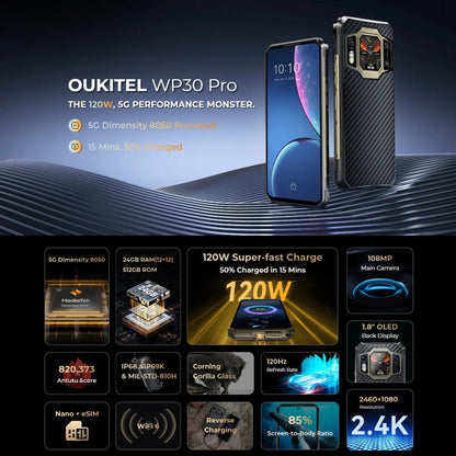 [HK Warehouse] Oukitel WP30 Pro 5G, 12GB+512GB, IP68/IP69K, 108MP Camera, 11000mAh, 6.78 inch + 1.8 inch MediaTek Dimensity 8050 Octa-core 3.0GHz, NFC, OTG, Network: 5G(Black)