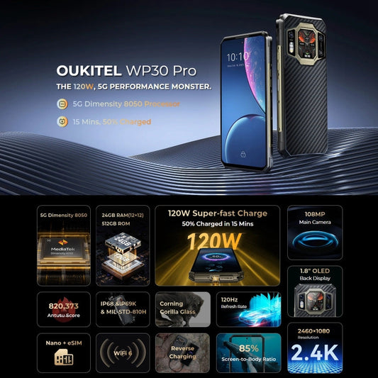[HK Warehouse] Oukitel WP30 Pro 5G, 12GB+512GB, IP68/IP69K, 108MP Camera, 11000mAh, 6.78 inch + 1.8 inch MediaTek Dimensity 8050 Octa-core 3.0GHz, NFC, OTG, Network: 5G(Black)