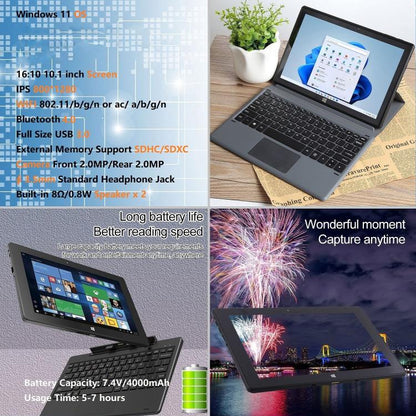 HONGSAMDE 10.1 inch 2 in 1 Tablet PC, 12GB+128GB, Windows 11, Intel Celeron N4120 Quad Core with Keyboard(Black)