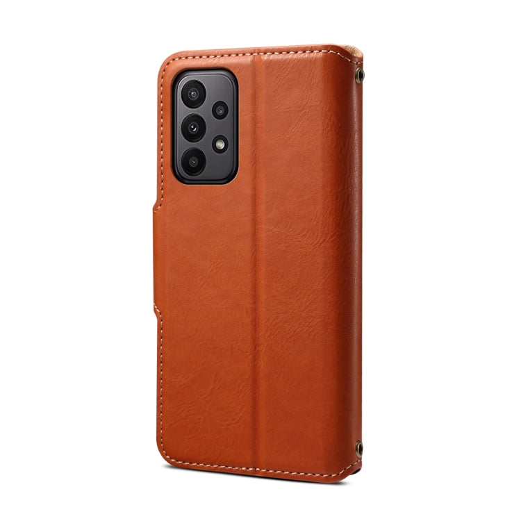 Pour la coque de téléphone en cuir de style portefeuille avec texture en peau de vache Denior pour Samsung Galaxy A23 (marron)
