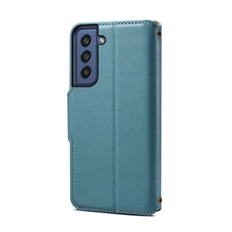 Pour Samsung Galaxy S21 FE 5G Denior Coque de téléphone en cuir de style portefeuille avec texture en peau de vache (bleu)